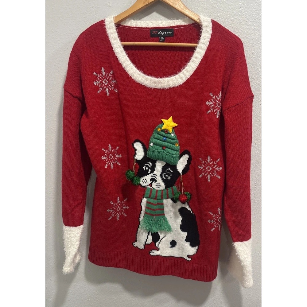 33 Degrees Ugly Christmas Sweater Sz XL Holiday Party French Bulldog Puppy